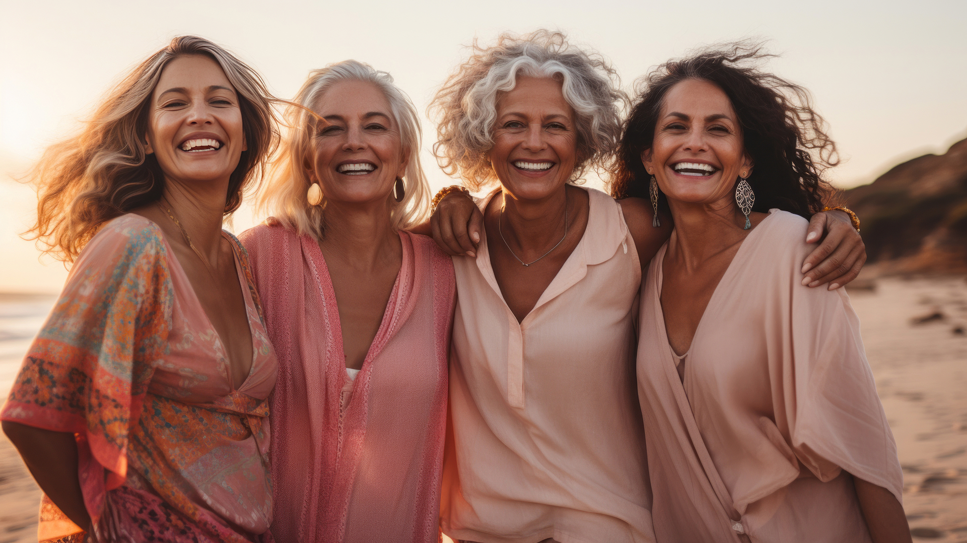 Four smiling women on the beach
