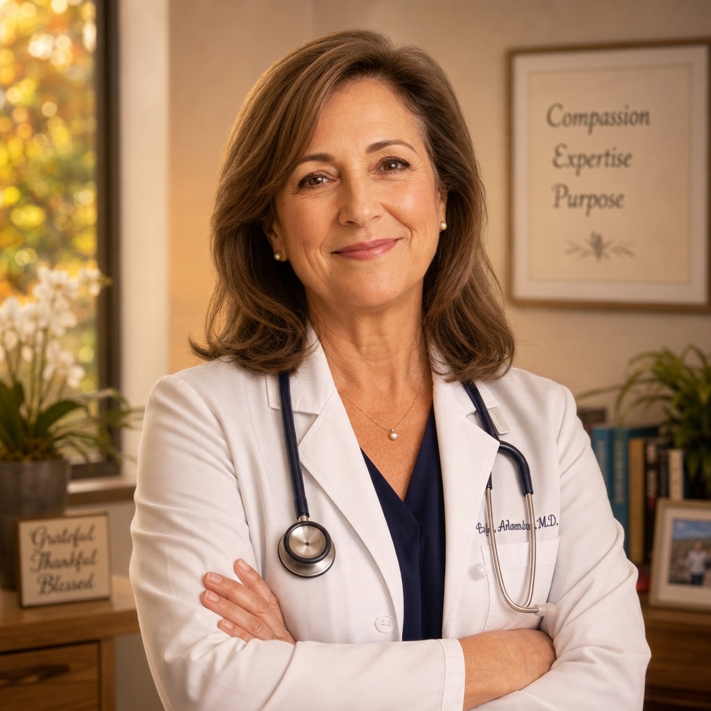 A physician in a white coat, standing in a clinic office with a stethoscope