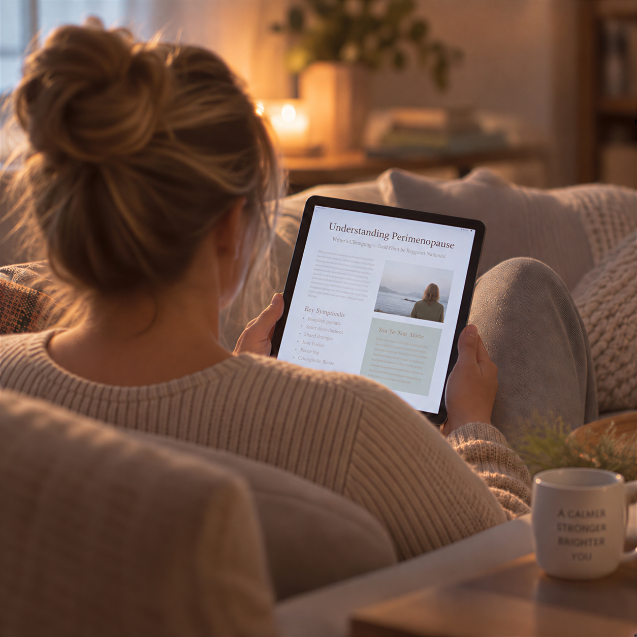 A woman reading about perimenopause on a tablet in warm evening light