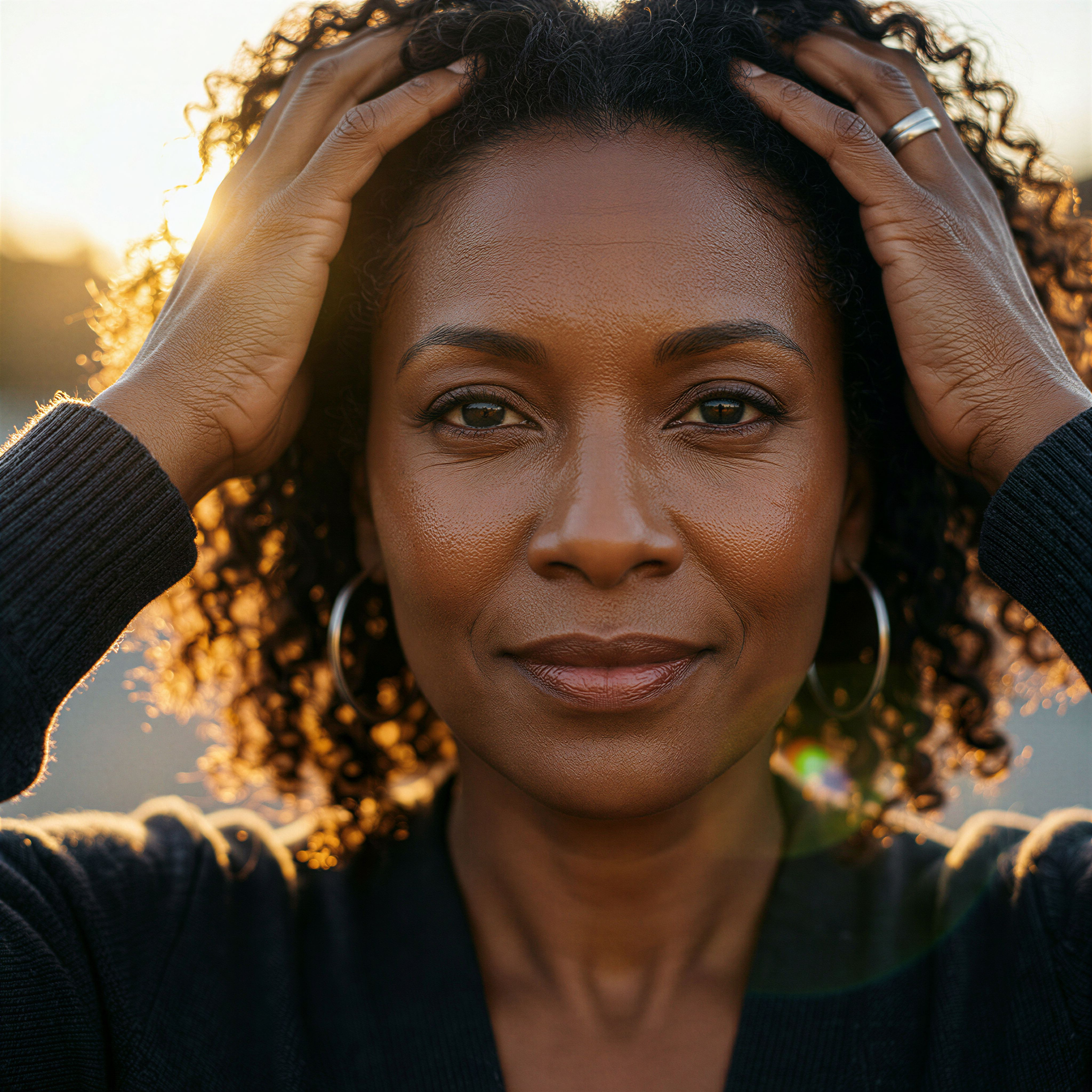 A woman in golden light, hands resting at her temples