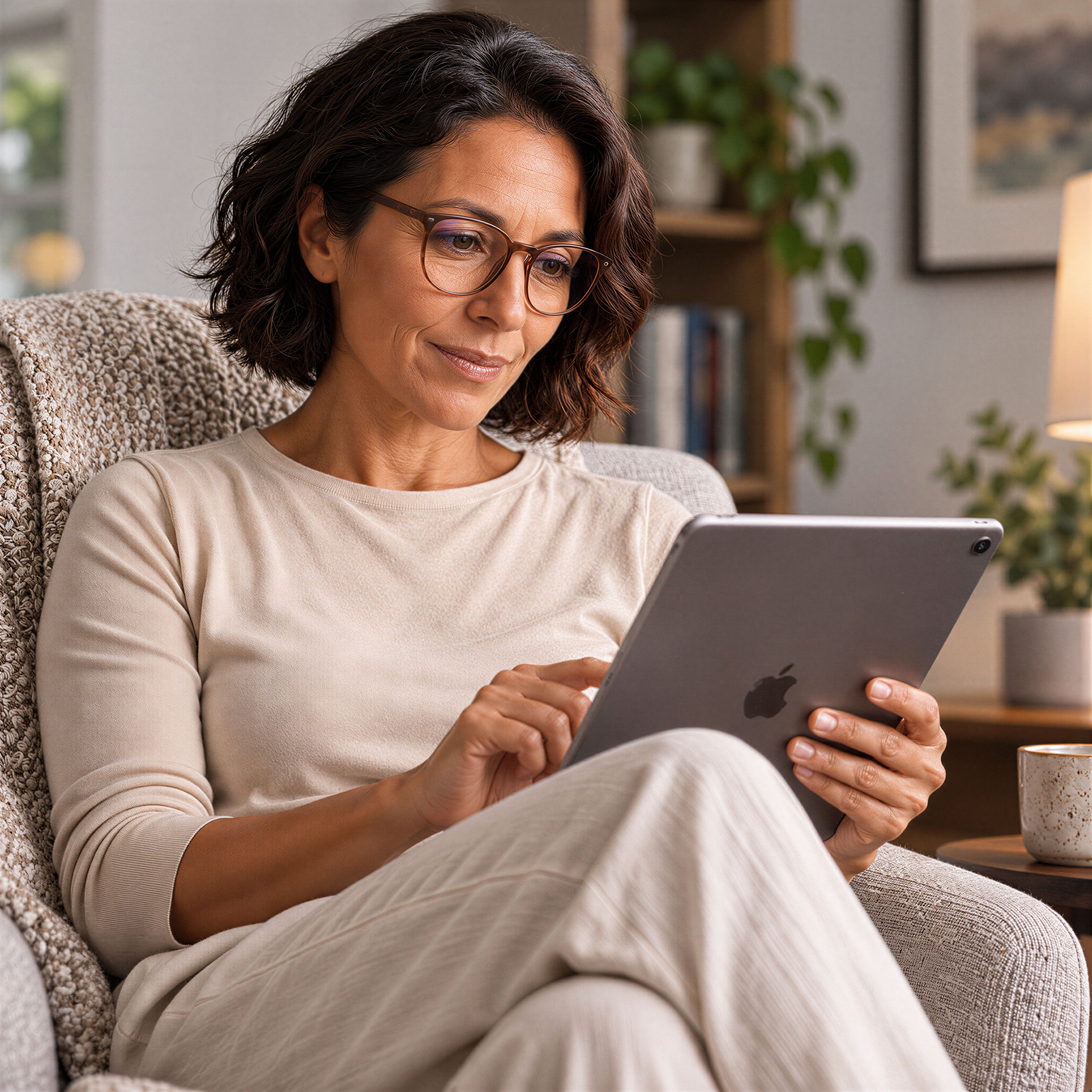 A woman reviewing her care on a tablet at home
