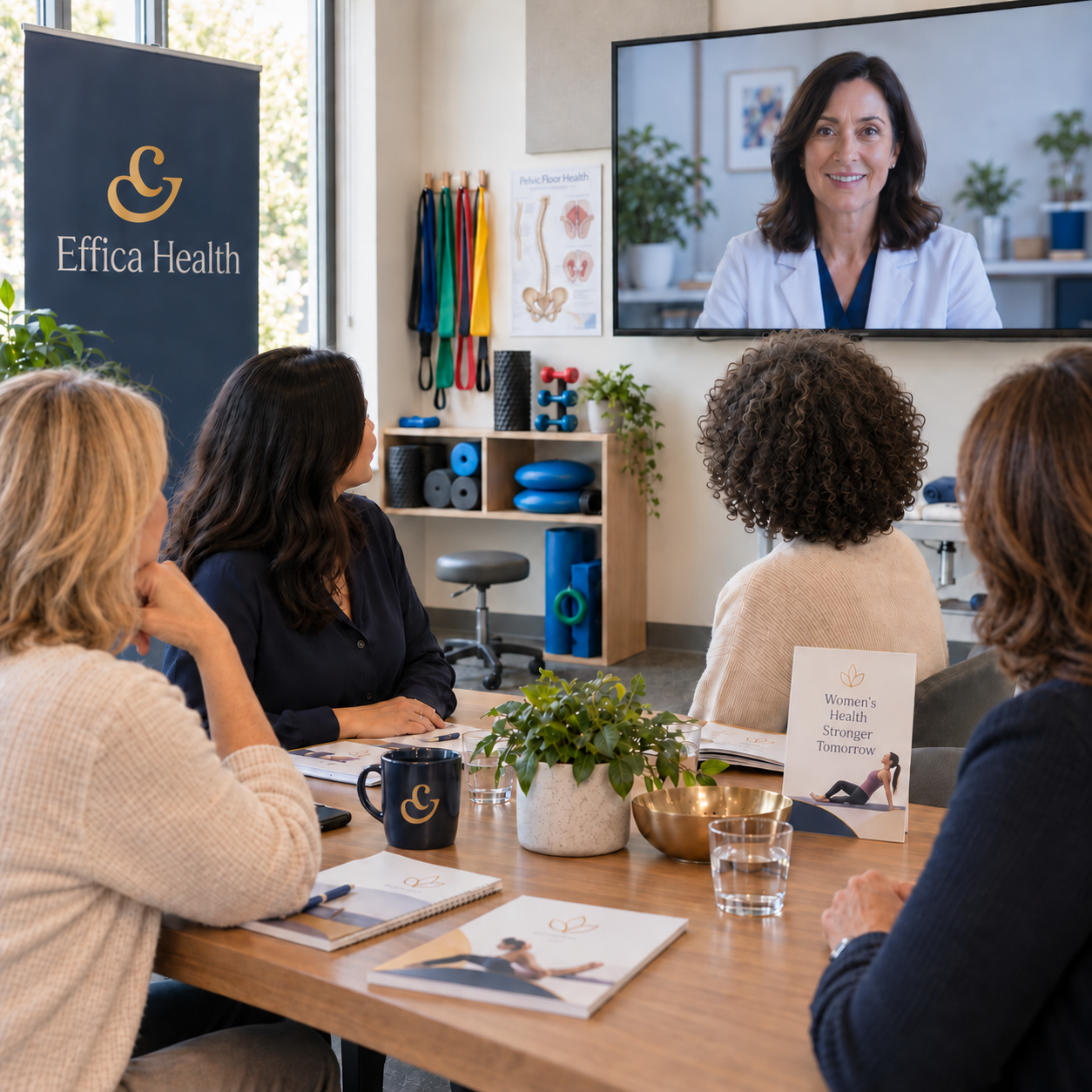 Clinicians gathered around a table with an Effica physician joining by video