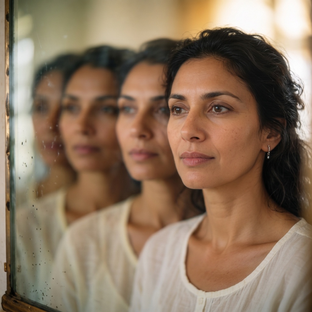 A woman in midlife, her face reflected in a window beside her
