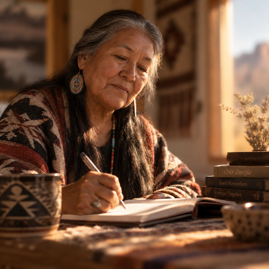 An elder writing in a notebook at a sunlit table